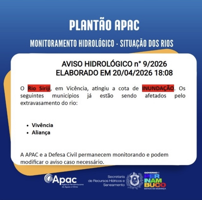 Rio Siriji entra em cota de inundação e atinge Vicência e Aliança