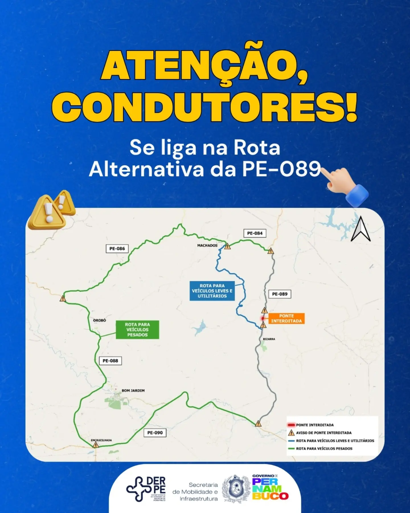 DER-PE orienta motoristas sobre desvios após interdição de ponte na PE-089